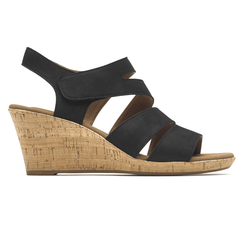 Rockport Womens Sandals Black - Briah Strappy Wedge Comfort - UK 350-XDUKQA